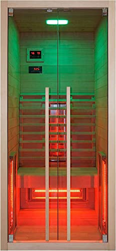 SANOTECHNIK Cabina de infrarrojos RUBY 1 – 1 persona sauna de infrarrojos 90 × 100 × 195 cm | 4 focos de espectro completo (1550 W), luz LED, Bluetooth, MP3, cristal de seguridad ESG de 6 mm, pantalla