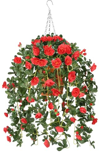 Homsunny Cesto sospeso con fiori artificiali di seta per esterni/interni, cesto di edera artificiale da appendere, per patio, prato, giardino, decorazione (rosa rossa)