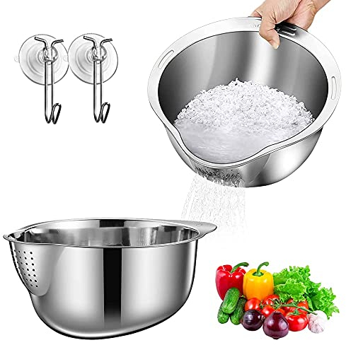Ciotola Per Lavare Il Riso Con Colino, Rondella E Colino 4 In 1, Scolapiatti Laterali In Acciaio Inox Per La Pulizia Di Frutta, Verdura E Fagioli, Strumento Da Cucina Multiuso (Argento)