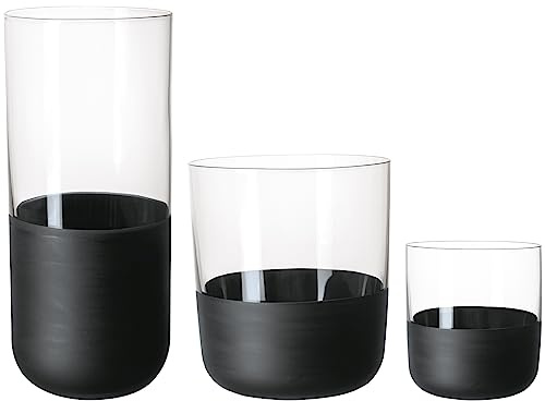 Villeroy & Boch Manufacture Rock Bargläser 12er Set, Longdrinkgläser 300 ml, Whiskybecher 250 ml, Shot Gläser 40 ml, Kristallglas, Transparent/Schwarz