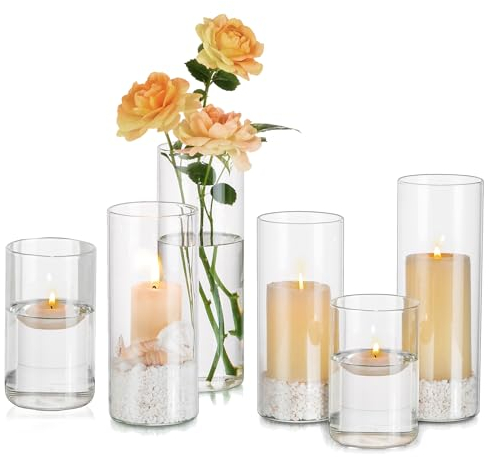 Kerzengläser Glaszylinder für Kerzen Windlicht Glas: Hewory 6er Set Kerzenglas Gross Windlichter Glasvase Zylinder für Tischdeko Vasen Hochzeit Weihnachten - Glaszylinder mit Boden Gläser für Kerzen