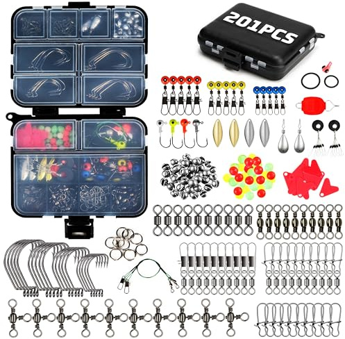 Piscorush 201 Stück Angelzubehör Set Angeln Haken Bullet Bass Werfen Sinker Gewichte Verschiedene Angeln Wirbel Snaps Sinker Slides Angelleine Perlen Perlen usw mit Box