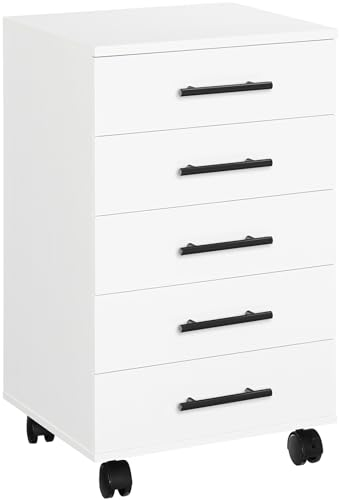 HOOBRO Rollcontainer mit 5 Schubladen, mobiler Aktenschrank, Bürocontainer, Schubladenschrank Büroschrank, Kommode Aufbewahrungsschrank, Einfache Montage, Weiß EWT05WJ01G1