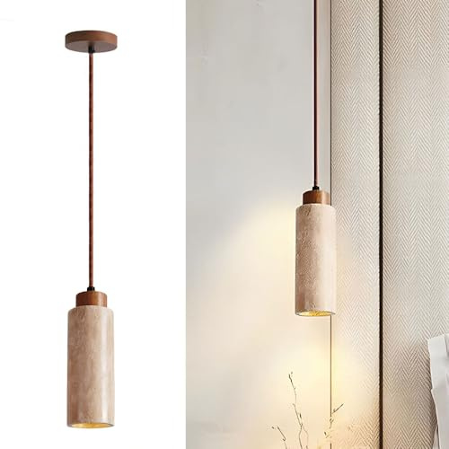 YKSJDFH Lampade a sospensione in pietra rettangolari/cilindriche, lampade a sospensione in noce con paralume in travertino giallo naturale, lampadario da comodino, apparecchio di illuminazione E27, la