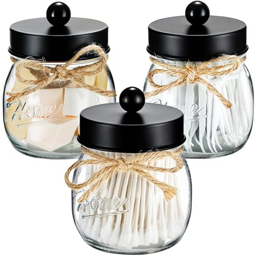 SheeChung 3 Pack Qtip Holder, Cotton Swab Holders, Apothecary Jars with Lids, Bathroom Jars, Black Bathroom Accessories for Cotton Round Pads, Balls, Floss Pick - Black