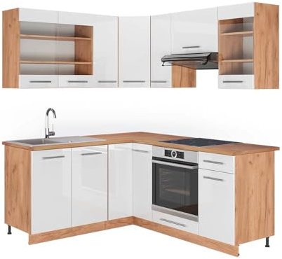 Vicco Eckküche Fame-Line, Weiß Hochglanz/Goldkraft Eiche, 190 x 160 cm | 10 Module · Höhenverstellbare Füße · AP Eiche inkl. · MDF-Fronten · Softclose · Metallgriffe