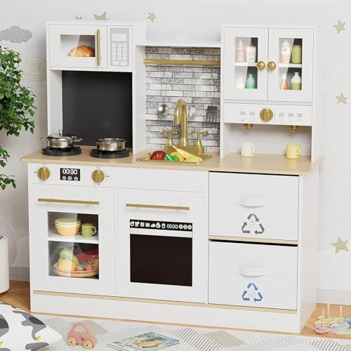 MAMIZO Kids Play Kitchen, Wooden Pretend Toy Kitchen, Toodler Cooking Playset, Stove w/Light & Sound, Sink, Microwave, 2 Fabric Boxs, Dishwasher, Modern Home Style Kitchen for Ages 3+