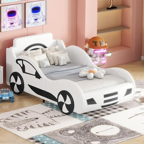 MYBOO Autobett Kinderbett 90x200, Bett mit Lattenrost und Unterbettstauraum, Kinder Spielbett Jugendbett Aufregendes Auto Kinderbett für kleine Rennfahrer Jungen und Mädchen, PU, Ohne Matratze, Weiß