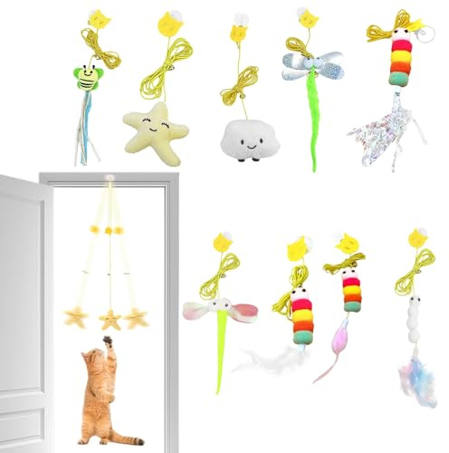 8PCS jouets suspendus pour chat jouets pour chat à porte suspendue jouets pour chaton en corde élastique amusants jouets en plumes d'intérieur avec cloches adaptés à l'exercice du chat en intérieu
