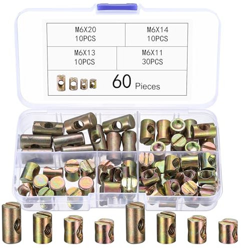 60 x M6 Dado a Barilotto per Mobili, Tasselli Barrel, Elementi di Fissaggio Cilindrici per Letti Sedie Culle, M6 x 11/13/20/24 mm