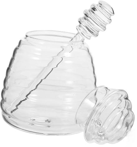 SHOWERORO Honeycomb Glass Jar Dipper Sticks and Lid for Home Kitchen Use Honey Container Dipper Set Jar for Honey Storage
