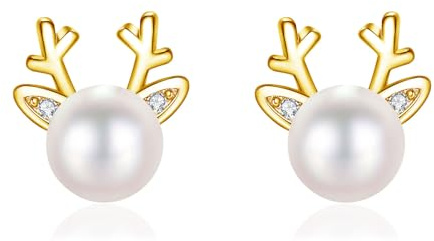 Bewenda Silber Weihnachten Ohrringe Damen, 925 Sterling Silber Weihnachts Ohrstecker, Elch Perle Ohrringe Stecker mit Zirkonia, Hypoallergen ohrringe Ohrstecker Klein 7mm Perlen Ohrschmuck Geschenk
