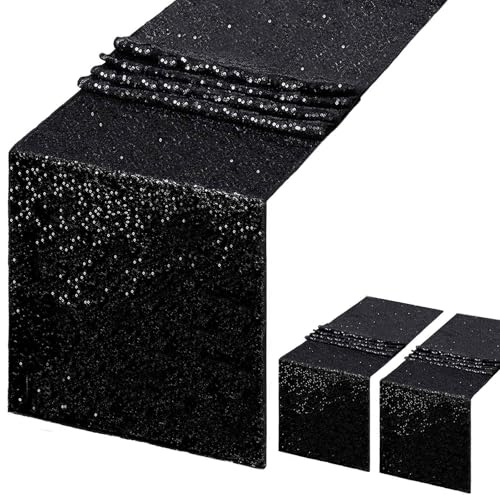 2 Stück Schwarz Tischläufer Geburtstag Pailletten für Weihnachten 30x180cm | Party Hochzeiten Halloween Dekoration