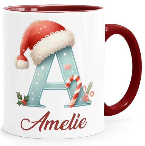 SpecialMe® Kinder-Tasse Weihnachten personalisiert Monogramm Name Weihnachtsmotiv Keramikbecher Weiss-innen-bordeauxrot standard