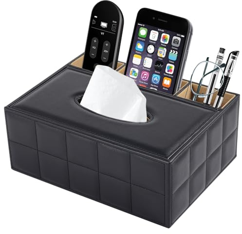 PU Leder Kosmetiktücher Rechteckig Taschentücher Box Tissue Box mit Fernbedienung Aufbewahrungsbox Serviettenhalter Schreibtisch Aufbewahrungsbox (Schwarze Linie, 25,5 L x 18,4 B x 10 H)