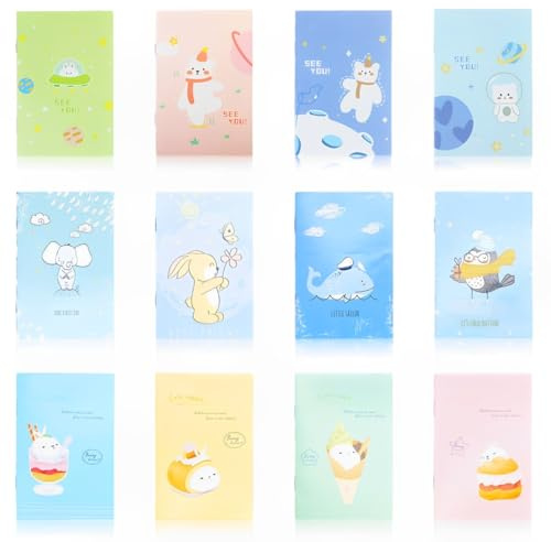 Ynkkvre 12 Stück Cute Cartoon Notizblock, Bunt Cartoon Tier Mini Notizbücher,7 x 10.5cm Kleine Tasche Tagebuch Notizblöcke,Tragbar Klein Notebook für Büro Familie Reisenotize.