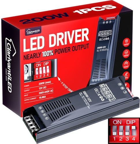 ClarivantiLED LED Trafo Dimmbar 12V 200W 16.66A 1pcs Transformator AC 220V 230V auf 12V DC Netzteil Power Supply für LED Strip Netzteil 12V Konstantspannungs Power Supply für Beleuchtung