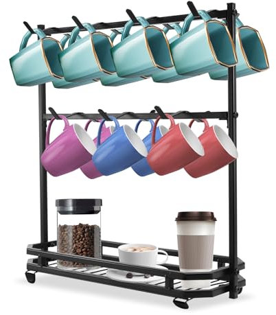 VIHBRAI Coffee Mug Holder, 2-Tier Countertop Cup Tree Stand with 14 Hooks, Metal Mug Rack Shelf with Storage Base, Cups Mugs Display Storage Organizer Coffees Station for Kitchen Counter Tea Bar