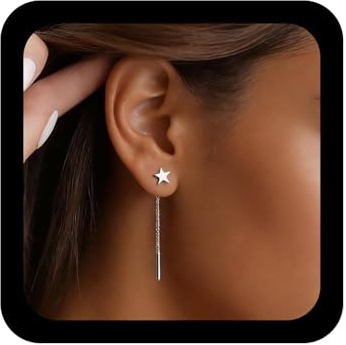 Enautoabs Boho Star Threader Pendiente Colgante Pendiente De Cadena De Enhebrado De Plata Pendientes Colgantes De Cadena Brillante Vintage Stars Threaders Pendientes Borla Joyería Para Mujer(Star)
