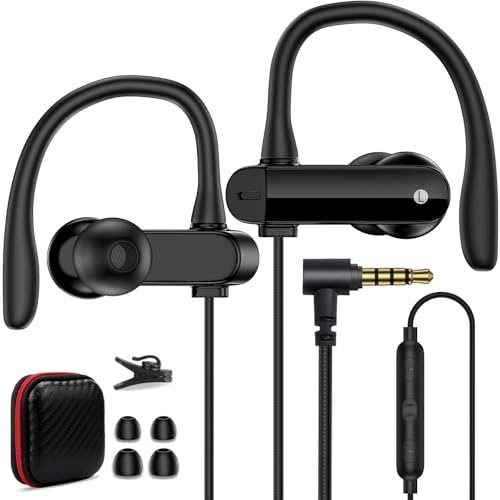 AIAUXAI 3.5mm Headphones Wired Over Ear Earbuds with Microphone Ear Hooks | Wrap Around Ear Buds Wired for iPad/iPod/Cellphone,1.8M Long Cord,Plug in Headset for Samsung A15 A14/Switch/MP3 Sports,Black