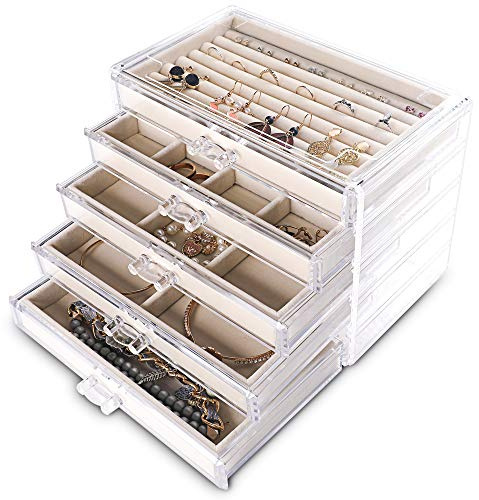 Frebeauty Extra Large Acrylic Jewellry Box for Women Girls 5 Layers Clear Velvet Earring Organiser with 5 Drawers Rings Display Case Necklaces Holder Tray (Beige)