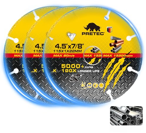 PRETEC Diamond Cutting Wheel, 4 1/2 Inch Cut Off Wheel with 7/8 Arbor Hole for Angle Grinder, Carbide 5000+ Cuts on Rebar, Metal Cutting Disc for Steel, Iron & INOX–3 Pcs