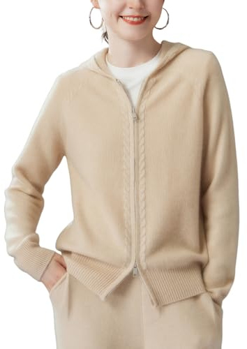 DISSA MS511 - Cardigan da donna in cashmere e lana, a maniche lunghe, con cappuccio, tinta unita, beige., 46