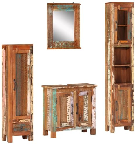 QUAHEAS Ensemble de 4 meubles de salle de bain en bois massif recyclé teck recyclé bois de manguier pin, armoires de salle de bain avec miroir, meuble sous lavabo, armoires sur pied, pour salle de