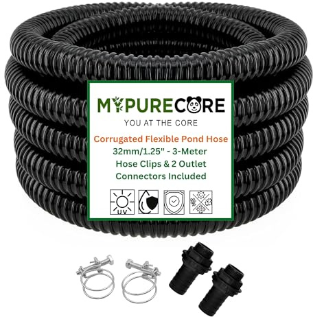MYPURECORE Corrugated Flexible Pond Hose Set – 32mm / 1.25 PVC Hose with 2 Double-Wired Metal Clips & 2 Barbed Water Tank Outlet Connectors – for Pond Pumps, Waterfalls & Drainage (3-Meter)