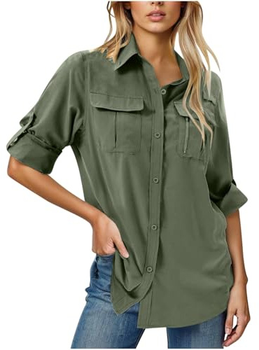 Camisas de manga larga con botones y solapa para mujer, color liso, casual, blusa tipo túnica, camisa de caza para mujer, camisa de caza al aire libre, de secado rápido, camisa de senderismo con