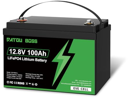 DATOUBOSS Batería de Litio 12V 100Ah, Batería LiFePO4 12V con BMS 100A, Protección contra Bajas Temperaturas, Máx. 15000 Ciclos, para Sistemas Solares, Barcos, Caravanas, Camping (12V-100A-1PC)
