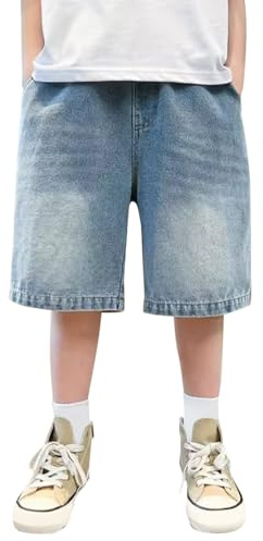 Mjjsk Pantaloncini in denim cargo per ragazzi Pantaloncini larghi in vita elastica in jeans corti estivi casual dritti gamba larga al ginocchio pantaloni adolescenti streetwear