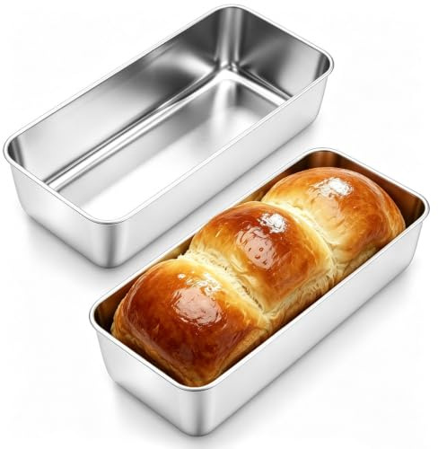 Jogoico Set de 2 Moldes de Acero Inoxidable para Pan – Gran Molde Rectangular para Bizcocho y Repostería (32 x 14 x 6 cm) Bandeja de Hornear Inox para Pan Casero, Tartas y Lasaña