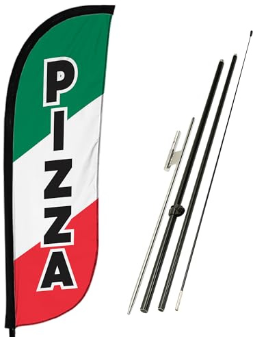 LookOurWay Feather Flag Pole Kit - 7 Feet Tall Advertising Banner with Fiberglass Pole Set and Ground Spike for Business Promotion - Food Flags - Pizza