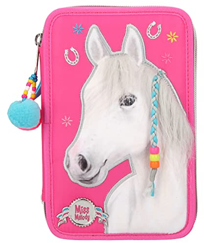 Depesche 10531 Miss Melody - Gefüllte 3-fach Federtasche mit Pferde-Motiv, pinke Federmappe ca. 7,5 x 13 x 20 cm groß, mit Filz- und Buntstiften, Lineal, Schere, Kleber, uvm.