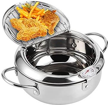 Hapivida Deep Fryer, Stainless Steel Temperature-Controlled Japanese Frying Pan with Drainer Rack, 9 Inch, Splash-Free Design for Home Kitchen Cooking