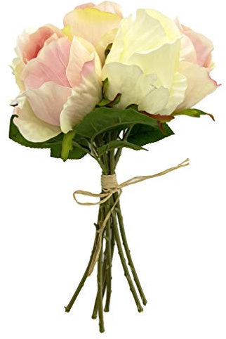 MIJOMA Konstgjord rosbukett med rosband – premiumkvalitet, bordsdekoration, 7 stycken – 30 cm (kräm/ljusrosa)