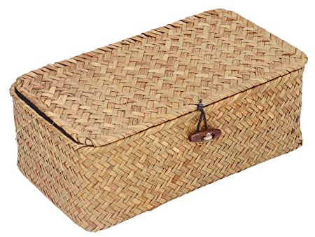 AUNMAS Cesta de Almacenamiento de Algas Marinas, Cesta de Estante Tejida Rectangular con Tapa Contenedor de Mimbre Natural Organizador para el Hogar para Dormitorio Sala de Estar y Baño (L)