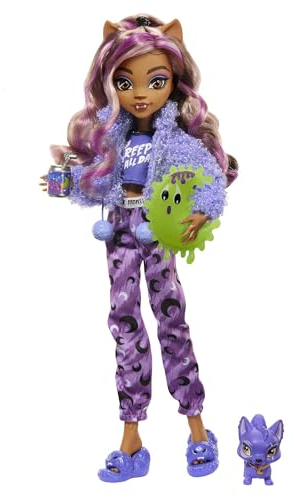 MONSTER HIGH Puppe und Sleepover Zubehör, Clawdeen Wolf Puppe mit Pet Cat Crescent, Creepover Party, HKY67