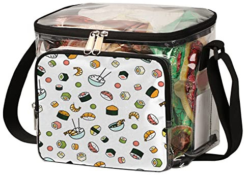 SEEKJOYS Lonchera transparente con correa ajustable e ilustración de comida japonesa, bolsillo frontal con cremallera, lonchera de plástico reutilizable única transparente para mujeres y hombres, 9.4