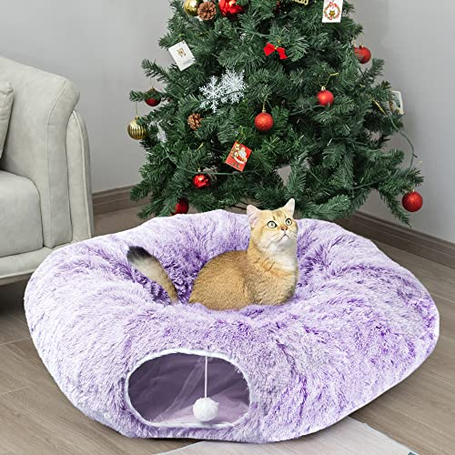 AUOON Katzentunnelbett mit zentraler Matte, großes Rohr-Spielplatz, weiches Plüschmaterial, Vollmondform für Kätzchen, Katze, Welpen, Kaninchen, Frettchen (lila)