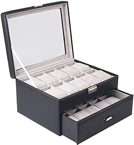 Pealihuy Uhrenbox, Uhrenetui, Uhrenrolle, Uhren-Organizer, Doppelschicht, 20 Fächer, Uhren-Aufbewahrungsbox Mit Schublade Und Glas-Display, Abschließbar,Nero,29,5 X 23 X 15,5 cm