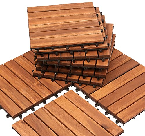 Ikodm Dalles terrasse Lot de 11 carreaux en bois d'acacia,1 m²-30 x 30 cm dalles composées de 6 lattes chacune-Pour balcon,jardin