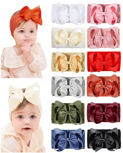 doboi Baby Girl Headband - 12pcs Nylon Hair Accessories with Big Ribbon Bows, Soft Lightweight Headbands for Baby Girls Infant Newborn Toddler