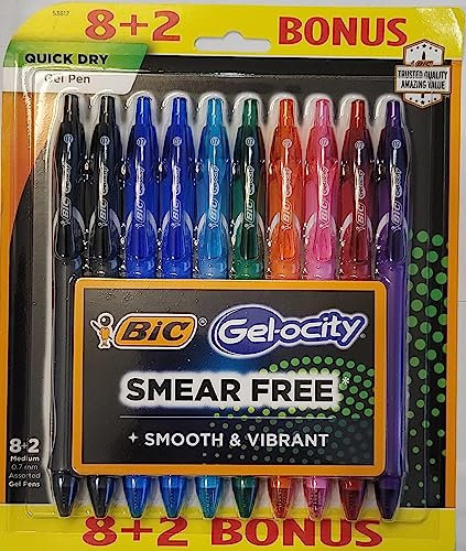 BIC Gel-ocity schnell trocknende Gelschreiber, einziehbar, mittlere Spitze (0,7 mm), 10-teiliges Gelstift-Set, farbige Gelstifte mit durchgehendem Griff, Farben können variieren