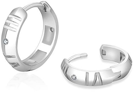 KRKC&CO Creolen Ohrringe S925 Silber 15mm, Unisex Iced Out Klappcreolen mit Römischen Zahlen, Weißgold beschichtet Huggie Hoop Ohrringe, antiallergisch, Geburtstag Geschenke für Damen Männer Jungs