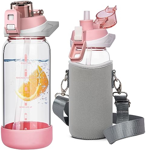 Seekua 0.6l Sport Trinkflasche Glas Flasche mit Strohhalm & Zeitmarkierung für Kinder, Schule 600ml bpa frei Wasserflasche Motivation mit Schutzhülle für Smoothie, Früchte Kohlensäure geeignet