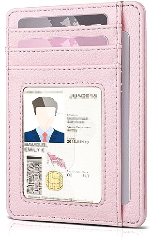 Teskyer Mini Portemonnaie Damen, Kleines Kartenetui, PU Leder Schlankes Kartenetui, RFID-Schutz, Minimalistischer, mit ID-Fenster und Schnellzugriff-Fach, Licht Rosa