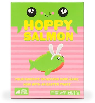 Exploding Kittens Hoppy Salmon – Kartenspiel mit Ostermotiv für Familienspaß, 3–6 Spieler, ab 6 Jahren, schnelle 90-Sekunden-Runden