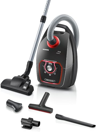 SIEMENS Staubsauger mit Beutel Z7.0 VSZ7XTRM, ideal für Allergiker, Hygiene-Filter, leise, für Parkett, Teppich, Fliesen, XXL-Polsterdüse, XXL-Fugendüse, langes Kabel, Made in Germany, 750 W, grau